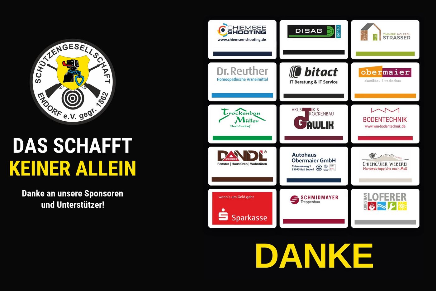 Logos der Sponsoren und Unterstützer der SG Endorf mit dem Schriftzug „Danke – Das schafft keiner allein“